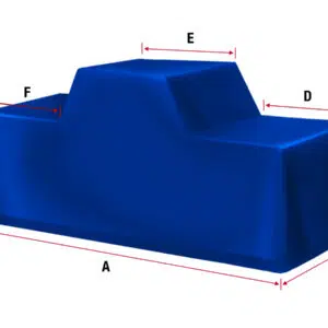 Das 3D-Diagramm zeigt Abdeckhauben Sonderform 6 mit abgestuften Schichten. Die roten Pfeile mit der Beschriftung A-G zeigen: A (Basislänge), B (Tiefe), C (Stufenhöhe), D (Stufenlänge), E (Breite), F (Einschnitttiefe), G (Gesamthöhe).