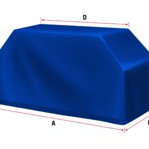 Abbildung einer blauen geometrischen Form, die einem bedeckten Objekt mit beschrifteten Abmessungen ähnelt. Die Länge ist mit „A“, die Breite mit „B“, die Höhe mit „C“, die vordere Schräghöhe mit „D“ und die vertikale Höhe mit „E“ beschriftet, alle mit roten Pfeilen markiert.