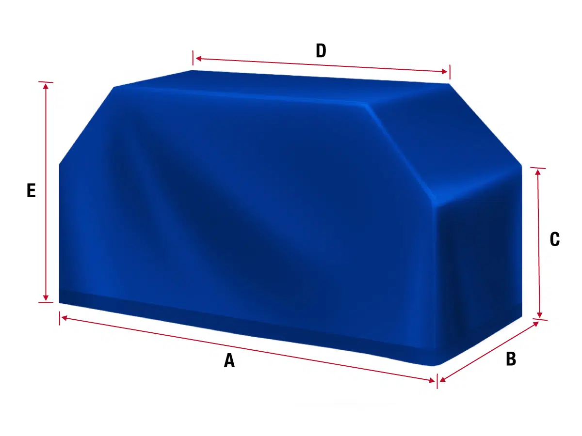 Abbildung einer blauen geometrischen Form, die einem bedeckten Objekt mit beschrifteten Abmessungen ähnelt. Die Länge ist mit „A“, die Breite mit „B“, die Höhe mit „C“, die vordere Schräghöhe mit „D“ und die vertikale Höhe mit „E“ beschriftet, alle mit roten Pfeilen markiert.
