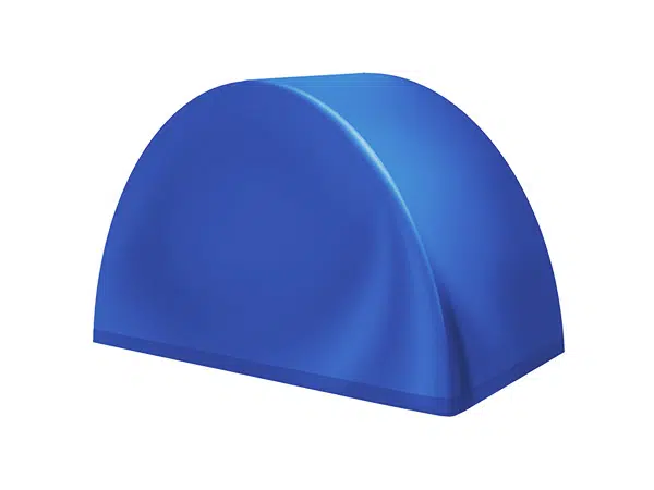 Ein digital gerendertes Bild einer blauen, glatten, kuppelartigen Struktur ähnlich einer Abdeckhaube mit abgerundeten Oberflächen und einem schlichten weißen Hintergrund.