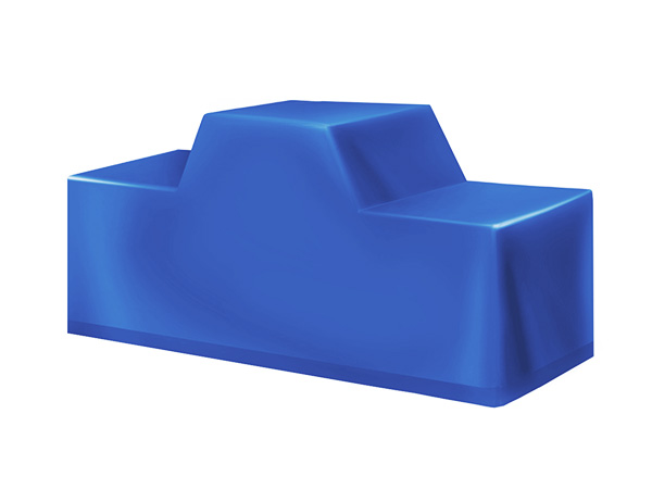 Eine blaue geometrische Form mit rechteckiger Basis und abgestufter Oberseite, die in ihrem schlanken und abstrakten Design Abdeckhauben ähnelt.