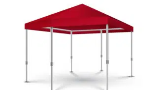 Eine 3D-Darstellung des Pavillondachs (sechseckig), einem roten Pop-up-Palaisial mit Spitzdach und vier höhenverstellbaren Metallbeinen vor einem schlichten weißen Hintergrund.