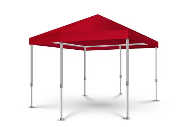 Eine 3D-Darstellung des Pavillondachs (sechseckig), einem roten Pop-up-Palaisial mit Spitzdach und vier höhenverstellbaren Metallbeinen vor einem schlichten weißen Hintergrund.