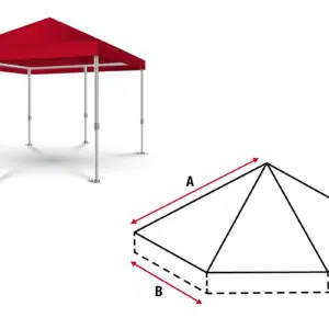 Bild eines roten Pop-up-Überdachungszelts mit Metallstangen neben einem geometrischen Diagramm. Das Diagramm zeigt eine quadratische Basis mit den Maßen „A“ für Höhe und „B“ für Breite.