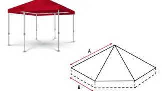 Bild eines roten Pop-up-Überdachungszelts mit Metallstangen neben einem geometrischen Diagramm. Das Diagramm zeigt eine quadratische Basis mit den Maßen „A“ für Höhe und „B“ für Breite.