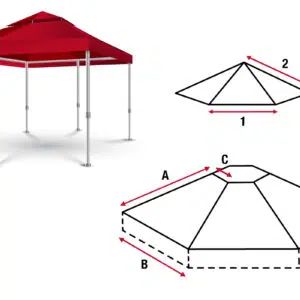 Abbildung eines roten Faltzelts mit vier Beinen. Enthält Diagramme, die die Abmessungen zeigen: 1 misst die Breite, 2 misst die Höhe, A misst die Länge, B misst die Tiefe und C misst die Spitzenhöhe.
