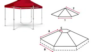 Abbildung eines roten Faltzelts mit vier Beinen. Enthält Diagramme, die die Abmessungen zeigen: 1 misst die Breite, 2 misst die Höhe, A misst die Länge, B misst die Tiefe und C misst die Spitzenhöhe.