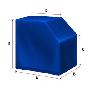 Ein blaues, unregelmäßig geformtes 3D-Objekt mit der Bezeichnung A–E zeigt die Abmessungen in Rot, verfügt über eine schräge Oberseite und ähnelt Abdeckhauben Sonderform 8 mit einer schrägen Seite.