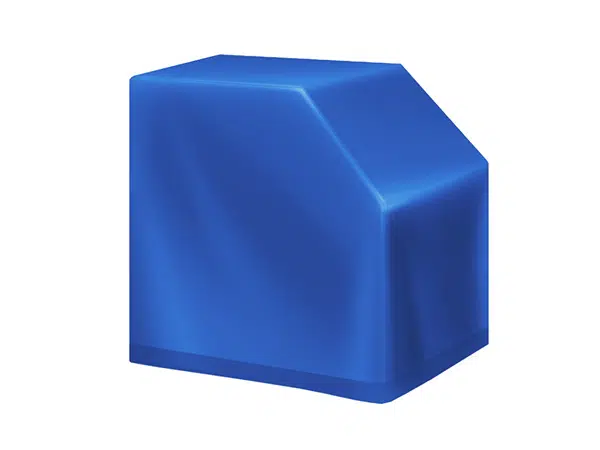 Eine blaue, eckige, abstrakte Form, die an Abdeckhauben Sonderform 8 erinnert, vor einem weißen Hintergrund mit glatten Kanten und einer unregelmäßigen, schrägen Oberseite.