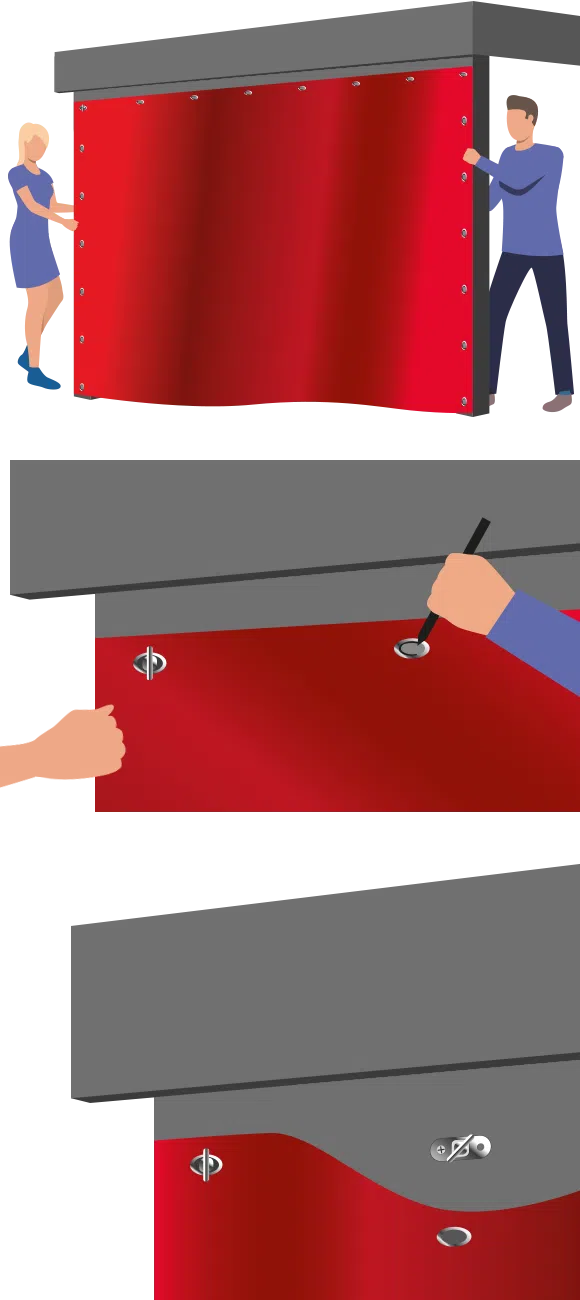 Abbildung: Zwei Personen, die einen roten Vorhang oben an einer Schiene befestigen. Nahaufnahme einer Hand, die den Vorhang mit einem Knopfwerkzeug festmacht. Das letzte Bild zeigt den Vorhang vollständig zugeknöpft und glatt hängend.