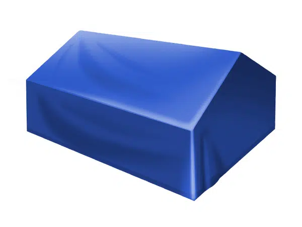 Ein blaues rechteckiges Zelt mit einem schrägen Dach, das an schützende Abdeckhauben erinnert, vor einem schlichten weißen Hintergrund.