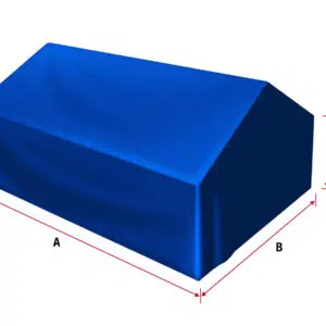 Abbildung eines blauen rechteckigen Prismas, das mit Stoff überzogen ist und die Maße A, B, C und D anzeigt. Die Abmessungen lassen darauf schließen, dass der Schwerpunkt auf Länge, Breite und unterschiedlichen Höhen liegt.