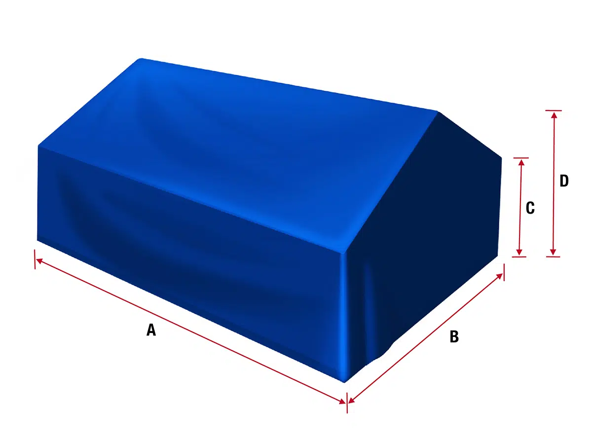 Abbildung eines blauen rechteckigen Prismas, das mit Stoff überzogen ist und die Maße A, B, C und D anzeigt. Die Abmessungen lassen darauf schließen, dass der Schwerpunkt auf Länge, Breite und unterschiedlichen Höhen liegt.