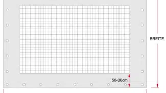 Ein Diagramm von rechteckigen Netzabdeckungen zeigt ein gerahmtes Gitter mit gleichmäßig verteilten Löchern und einer Breite von 50-80 cm. Pfeile zeigen die Abmessungen mit der Aufschrift „LÄNGE“ für Länge und „BREITE“ für Breite an.