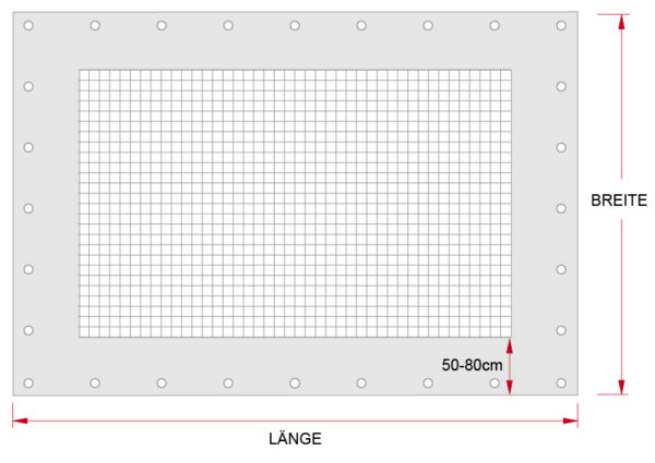 Ein Diagramm von rechteckigen Netzabdeckungen zeigt ein gerahmtes Gitter mit gleichmäßig verteilten Löchern und einer Breite von 50-80 cm. Pfeile zeigen die Abmessungen mit der Aufschrift „LÄNGE“ für Länge und „BREITE“ für Breite an.