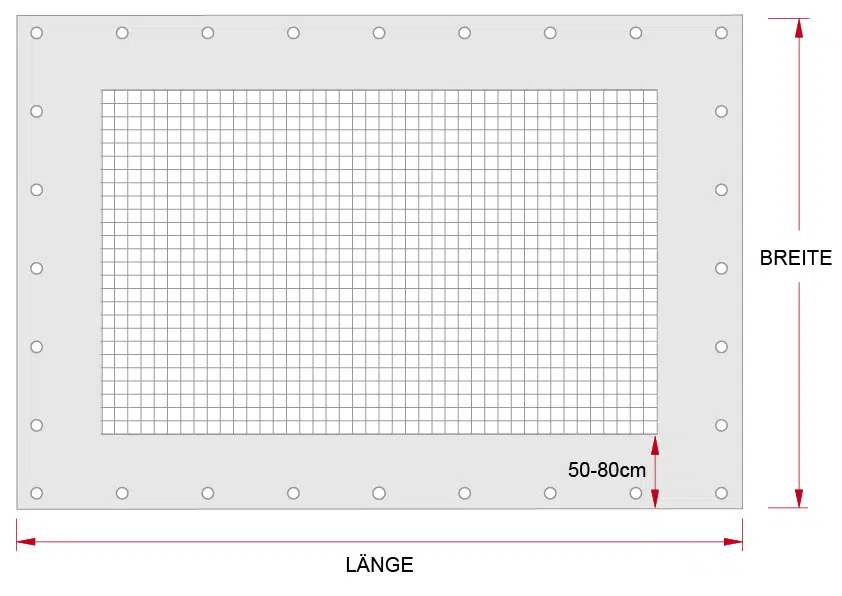 Ein Diagramm von rechteckigen Netzabdeckungen zeigt ein gerahmtes Gitter mit gleichmäßig verteilten Löchern und einer Breite von 50-80 cm. Pfeile zeigen die Abmessungen mit der Aufschrift „LÄNGE“ für Länge und „BREITE“ für Breite an.