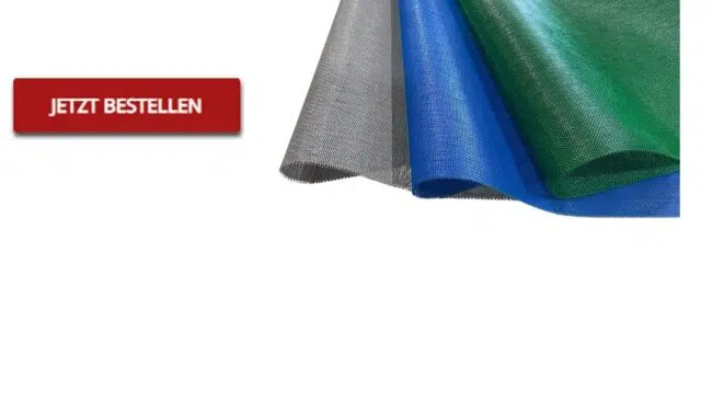 Ein Fächer mit verschiedenen Farben von Netzgewebe Mustern, wo links daneben weißer Text "Jetzt Bestellen" auf rotem Hintergrund ist 