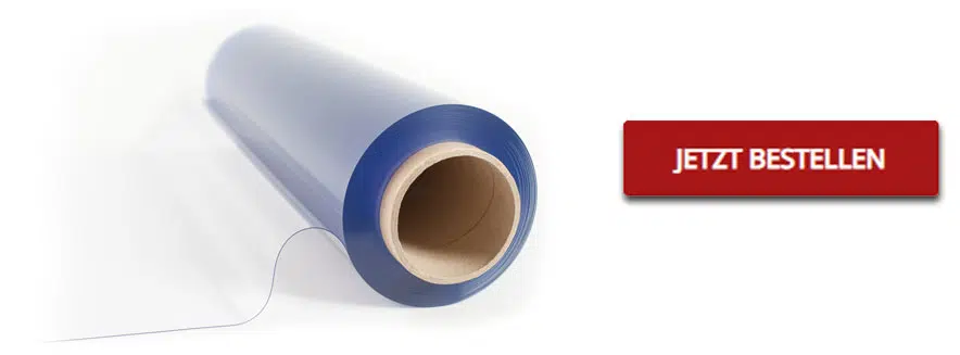 Eine Rolle transparente Folie, wo rechts daneben weißer Text "Jetzt Bestellen" auf rotem Hintergrund ist