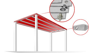 Abbildung einer Pergola mit dem roten Terrassendachplane-Vordach. Zwei vergrößerte Kreise zeigen einen Haken- und Ösenverschluss und eine Öse am Stoff. Die Struktur hat weiße Beine und ein minimalistisches Design.
