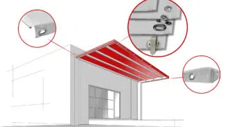 Abbildung eines Gebäudes, das ein Terrassendach mit einer roten, einziehbaren Markise zeigt. Drei kreisförmige Einschübe heben Metallbeschläge und Befestigungspunkte an der Markisenstruktur hervor.