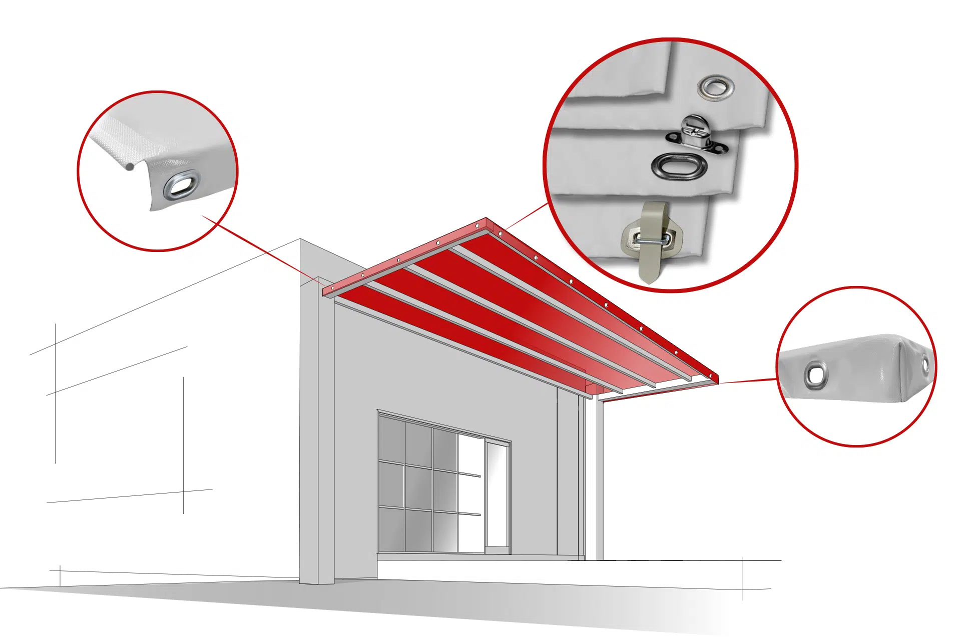 Abbildung eines Gebäudes, das ein Terrassendach mit einer roten, einziehbaren Markise zeigt. Drei kreisförmige Einschübe heben Metallbeschläge und Befestigungspunkte an der Markisenstruktur hervor.