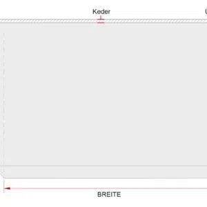 Diagramm einer rechteckigen Terrassendachplane mit den Abmessungen „Breite“ und „Tiefe“, mit markierten Kanten „Keder“ und „Überhang“, Pfeilen für Messungen und deutschem Text.