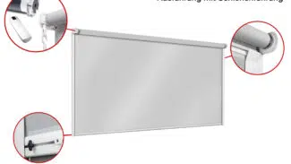 Abbildung der Senkrechtmarkise aus PVC-Netzgewebe mit Schienenführungssystem. Detailaufnahmen der Komponenten: Endkappe, Kettenmechanismus und Schienenführung auf weißem Hintergrund. Deutscher Text in der oberen rechten Ecke.