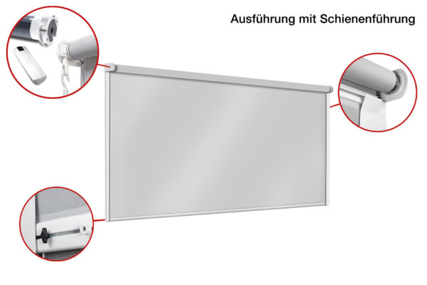 Abbildung der Senkrechtmarkise aus PVC-Netzgewebe mit Schienenführungssystem. Detailaufnahmen der Komponenten: Endkappe, Kettenmechanismus und Schienenführung auf weißem Hintergrund. Deutscher Text in der oberen rechten Ecke.