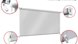 Abbildung eines Rollos mit detaillierten Einsätzen, die die Komponenten zeigen: Kettenwickler, Wandhalterung und Spannseilsystem. Im Text steht „Ausführung mit Seilführung“ für Senkrechtmarkise aus PVC-Netzgewebe.