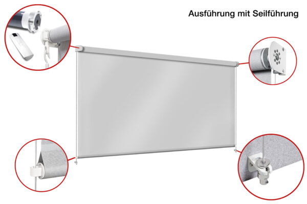Abbildung eines Rollos mit detaillierten Einsätzen, die die Komponenten zeigen: Kettenwickler, Wandhalterung und Spannseilsystem. Im Text steht „Ausführung mit Seilführung“ für Senkrechtmarkise aus PVC-Netzgewebe.