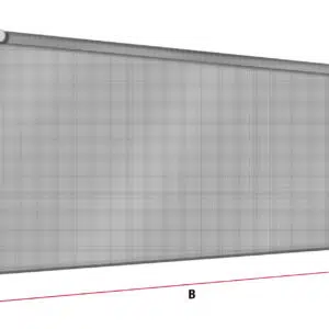 Bild einer Senkrechtmarkise aus PVC-Netzgewebe-Rollo mit seitlichem Kettenmechanismus; rote Pfeile mit der Bezeichnung „A“ und „B“ geben die Höhen- und Breitenmaße vertikal und horizontal an.