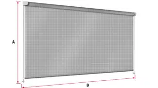 Bild einer Senkrechtmarkise aus PVC-Netzgewebe-Rollo mit seitlichem Kettenmechanismus; rote Pfeile mit der Bezeichnung „A“ und „B“ geben die Höhen- und Breitenmaße vertikal und horizontal an.