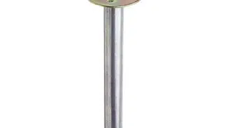 Metallbein mit runder, goldfarbener Oberplatte, zylindrischem silbernen Körper und konischem Ende. Die Oberseite hat ein zentrales Loch zur Befestigung. Geeignet für Möbel oder als strukturelle Stütze.