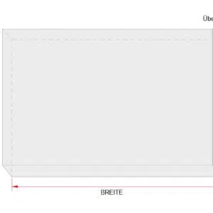Schematische Darstellung der ebenen, rechteckigen Pergoladachfläche mit den Beschriftungen „Breite“, „Tiefe“ und „Überhang“ rechts oben. Winkel zeigen auch die Abmessungen an.
