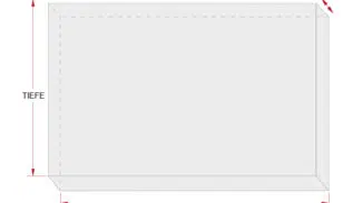 Schematische Darstellung der ebenen, rechteckigen Pergoladachfläche mit den Beschriftungen „Breite“, „Tiefe“ und „Überhang“ rechts oben. Winkel zeigen auch die Abmessungen an.