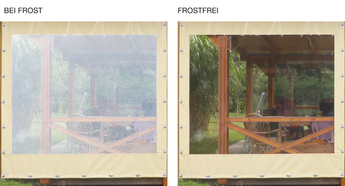Eine Terrassenplane mit Fenster, wobei auf der linken Plane das Fenster beschlagen ist und auf der rechten Plane das Fenster komplett durchsichtig ist
