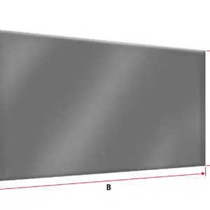 Ein graues, rechteckiges Panel mit beschrifteten Abmessungen. Pfeile zeigen die Länge entlang der längeren Seite an, die mit B markiert ist, und zwei Seiten an gegenüberliegenden Enden, die mit A und C markiert sind, zeigen die Höhe an. Das Panel ist leicht abgewinkelt.
