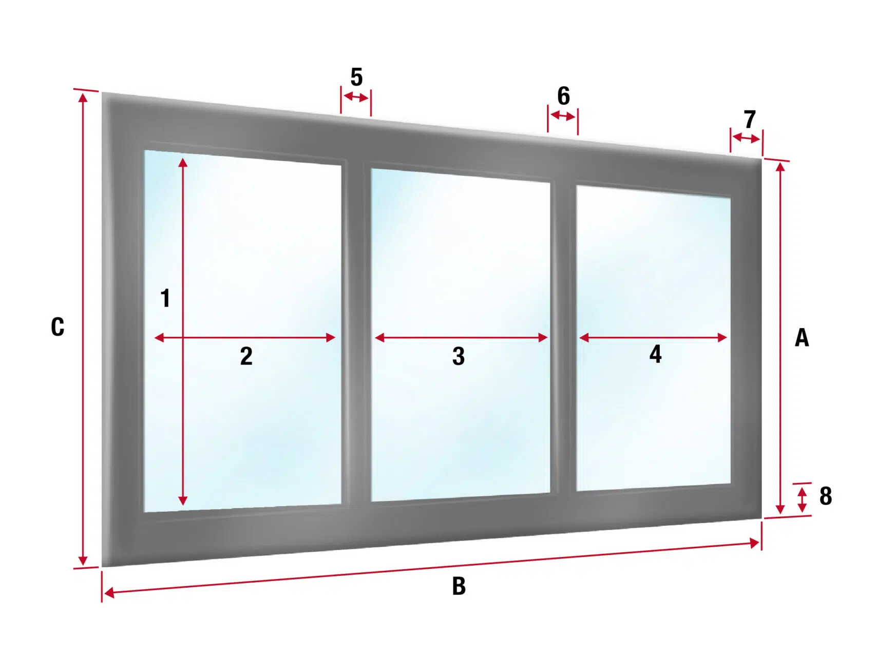 Abbildung eines dreiteiligen Fensters mit beschrifteten Abmessungen. Vertikale und horizontale Maße werden mit Pfeilen angezeigt, und die Zahlen 1 bis 8 geben Messpunkte rund um den Fensterrahmen an.