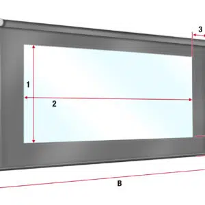 Abbildung einer rechteckigen Projektionsfläche. Die Abmessungen sind mit A (Höhe), B (Breite), 1 (sichtbare Höhe) und 2 (sichtbare Breite) gekennzeichnet. Die seitlichen Komponenten sind mit 3 (oberer Balken) und 4 (unterer Balken) gekennzeichnet.