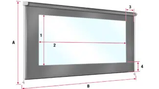 Abbildung einer rechteckigen Projektionsfläche. Die Abmessungen sind mit A (Höhe), B (Breite), 1 (sichtbare Höhe) und 2 (sichtbare Breite) gekennzeichnet. Die seitlichen Komponenten sind mit 3 (oberer Balken) und 4 (unterer Balken) gekennzeichnet.