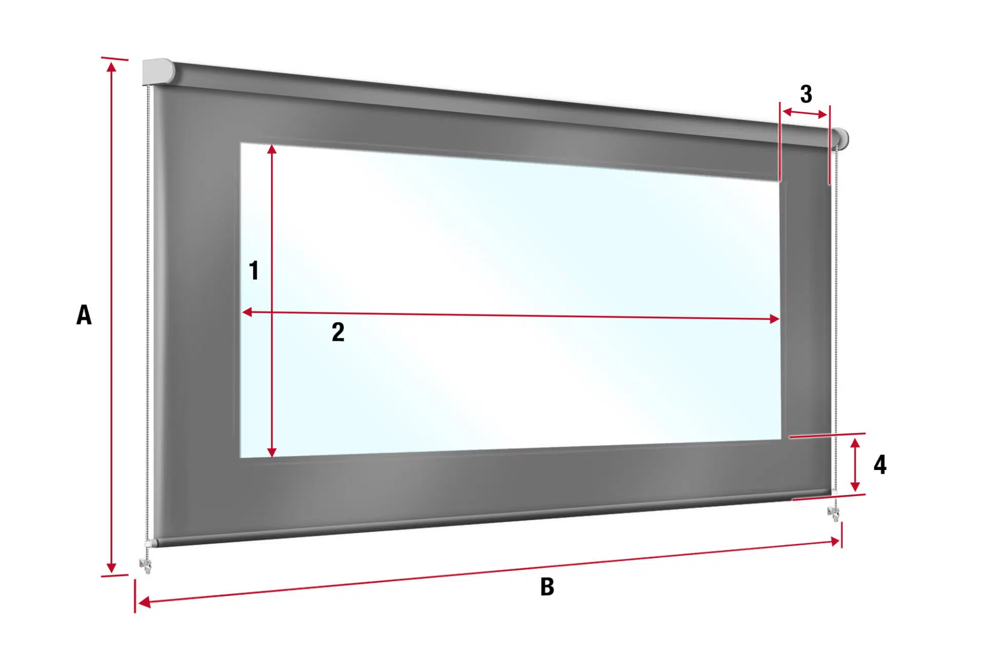 Abbildung einer rechteckigen Projektionsfläche. Die Abmessungen sind mit A (Höhe), B (Breite), 1 (sichtbare Höhe) und 2 (sichtbare Breite) gekennzeichnet. Die seitlichen Komponenten sind mit 3 (oberer Balken) und 4 (unterer Balken) gekennzeichnet.