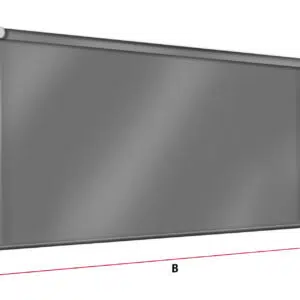 Abbildung eines grauen Rollos mit Seitenketten. Das Rollo ist mit den Maßen beschriftet: Höhe „A“ und Breite „B“, markiert mit roten Pfeilen. Das Rollo ist teilweise heruntergelassen.