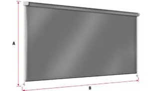 Abbildung eines grauen Rollos mit Seitenketten. Das Rollo ist mit den Maßen beschriftet: Höhe „A“ und Breite „B“, markiert mit roten Pfeilen. Das Rollo ist teilweise heruntergelassen.