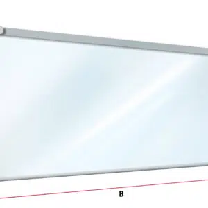 Abbildung der Senkrechtmarkise -Komplett transparent- mit silberner Oberschiene und seitlichen Zugschnüren. Rote Pfeile und Beschriftungen geben Höhen- (A) und Breitenmaße (B) an.
