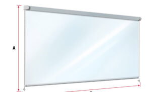 Abbildung der Senkrechtmarkise -Komplett transparent- mit silberner Oberschiene und seitlichen Zugschnüren. Rote Pfeile und Beschriftungen geben Höhen- (A) und Breitenmaße (B) an.