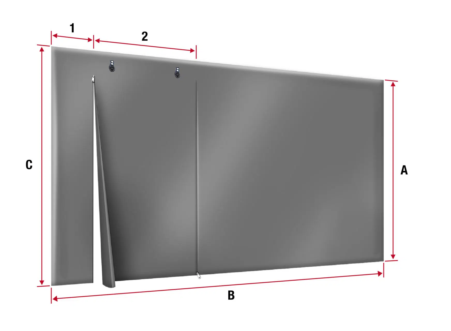 Diagramm, das eine 3D-Perspektive eines flachen, rechteckigen Objekts zeigt, das mit den Abmessungen A, B und C gekennzeichnet ist. Pfeile geben die Maße an: A ist die vertikale Höhe, B ist die horizontale Länge, C ist die vertikale Plattenlänge und 1 und 2 markieren horizontale Segmente.