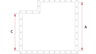 Abbildung: Ein Quadrat mit einer eingekerbten oberen linken Ecke wie bei „Aufblasbare Poolplanen in L-Form“, beschriftete Abmessungen A (vertikal), B (unten), C (Einkerbungshöhe), D (Einkerbungsbreite), Umfang mit kleinen Kreisen ausgekleidet.