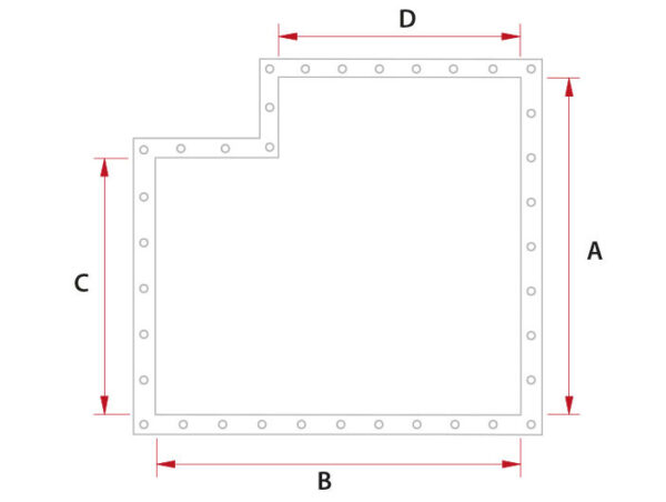 Technische Zeichnung einer aufblasbaren Poolabdeckung in L-Form. Die Seiten sind mit Pfeilen mit den Buchstaben A, B, C, und D beschriftet.
