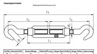 Eine technische Zeichnung eines Gewindespanners mit Hakenenden trägt die Bezeichnung „Spannschloss Haken/Haken“. Die Spezifikationen umfassen Abmessungen und Gewichte, ein Diagramm in Millimetern und einen deutschen Text, der auf verzinktes Material hinweist.