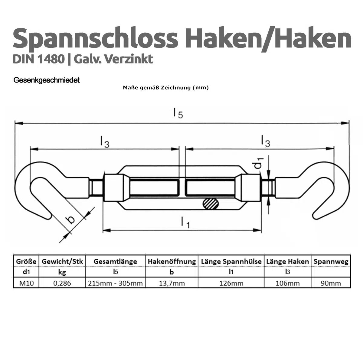 Eine technische Zeichnung eines Gewindespanners mit Hakenenden trägt die Bezeichnung „Spannschloss Haken/Haken“. Die Spezifikationen umfassen Abmessungen und Gewichte, ein Diagramm in Millimetern und einen deutschen Text, der auf verzinktes Material hinweist.